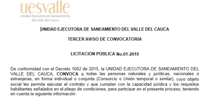 Tercer aviso de convocatoria licitación pública No.01-2019