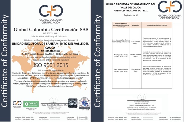 UESVALLE obtuvo la certificación ISO 9001:2015 en la prestación de servicios de toma de muestras de agua.