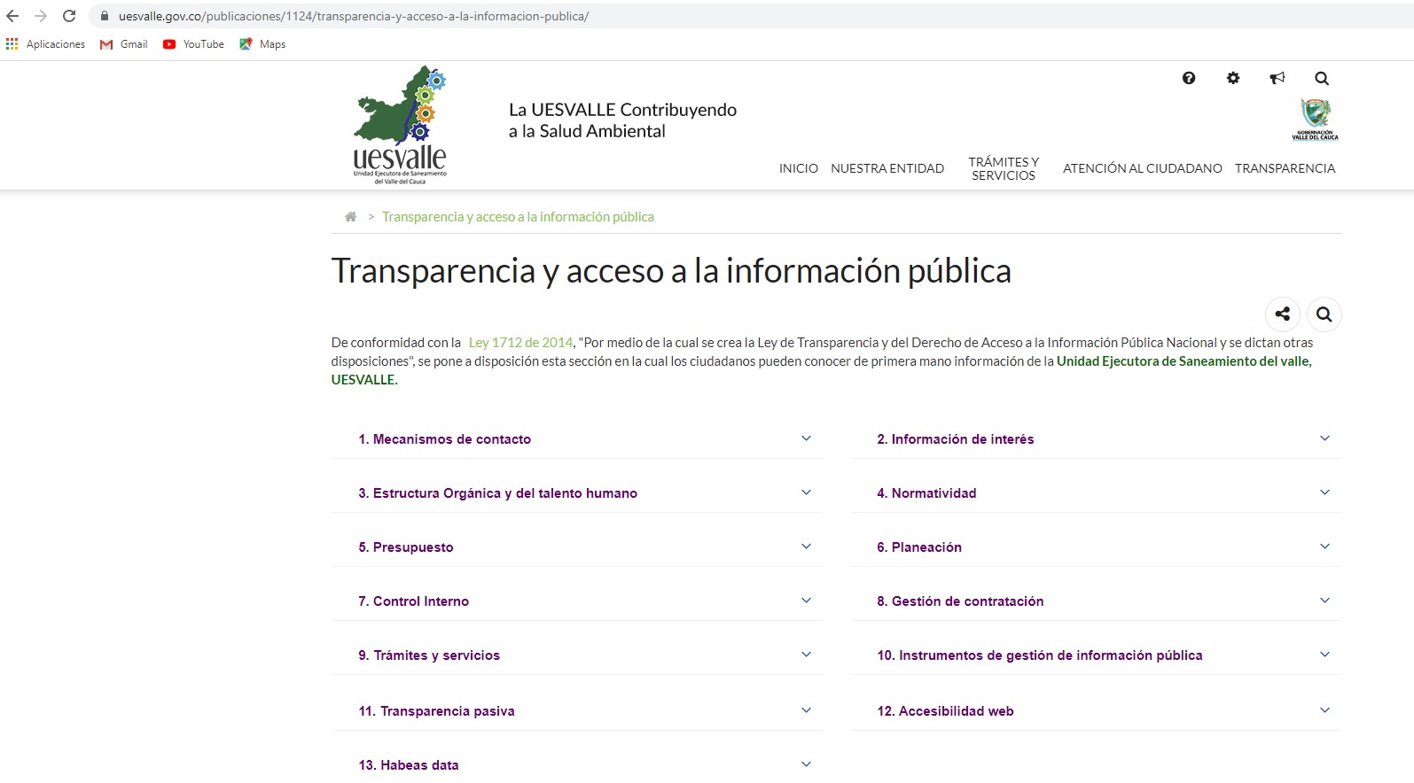 Imagen sección de transparencia portal web uesvalle